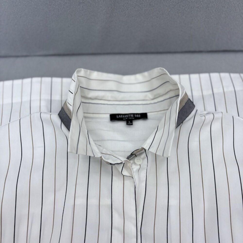 Lafayette 148 Womens SZ Large Button Up 3/4 Sleeve Striped *Read* Professional - Picture 6 of 12